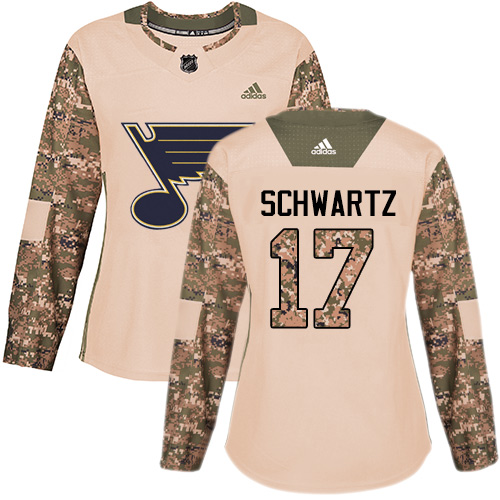 Adidas Blues #17 Jaden Schwartz Camo Authentic Veterans Day Women's Stitched NHL Jersey